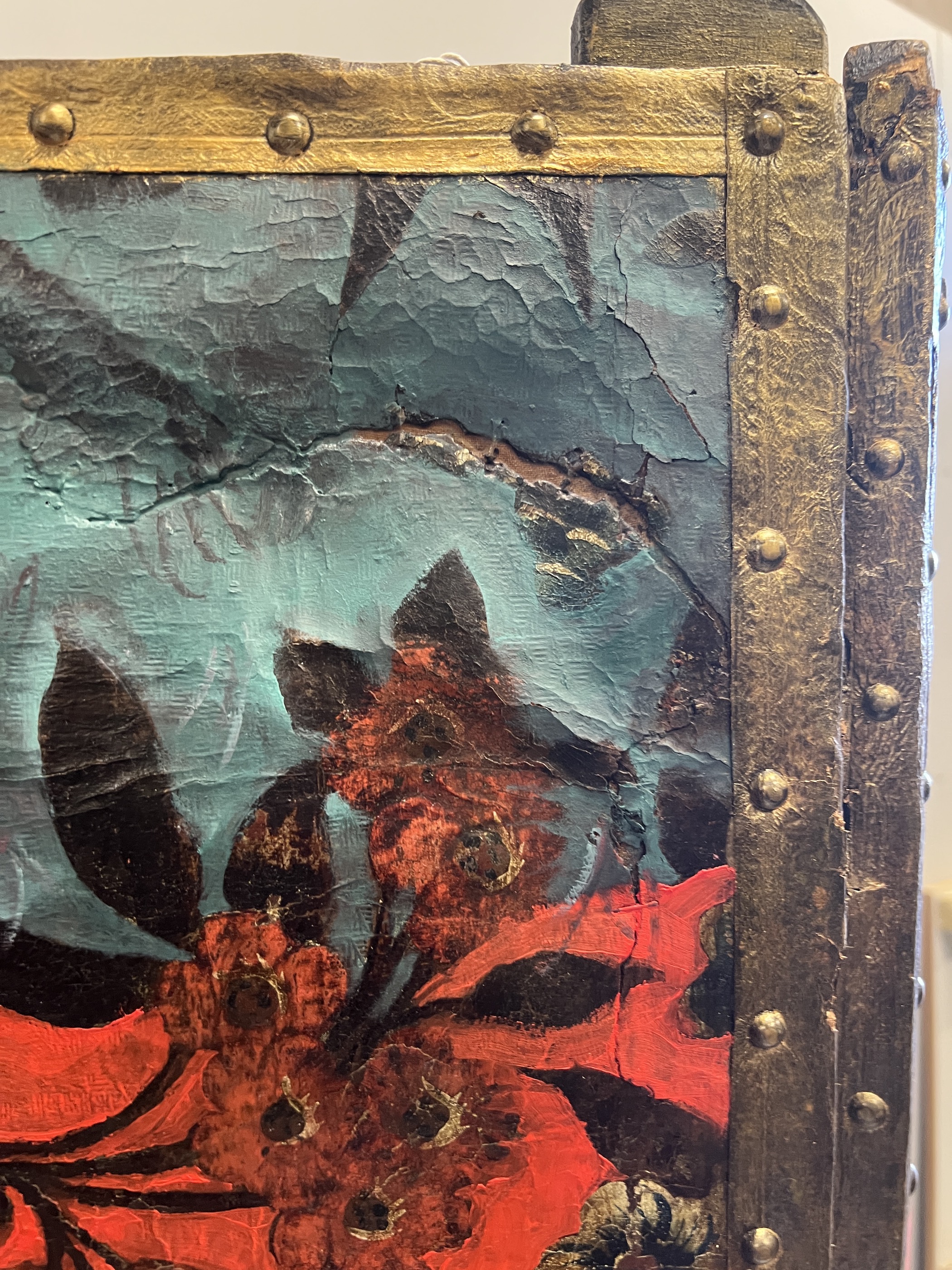 A 19th century Spanish leather three fold dressing screen re-painted by Ricardo Cinalli for the current owner, each panel width 57cm, height 175cm
